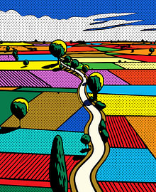 Farbenfrohe Agrarlandschaft aus der Vogelperspektive – Pop-Art-Landschaftsdruck von RAMYHEFNY-GALLERY