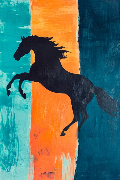 Springendes schwarzes Pferd in Farbe von Poster Art Shop