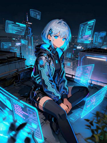 ANIME Cyber Hacker Girl - Blauw neon hologram nachtstad dak