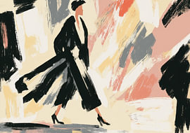 Illustration de mode contemporaine : femme en manteau noir, style abstrait sur Niklas Maximilian