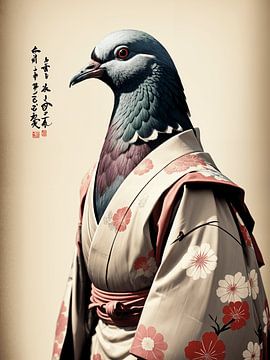 Duiven Elegantie, vogel schoonheid in Japanse Kimono van Fukuro Creative