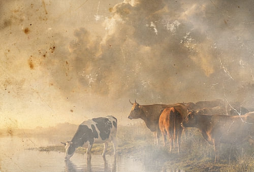 Tôt le matin au bord de la rivière avec les vaches...