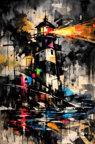 De stralende wachter – Abstracte muurschildering van een vuurtoren in moderne urban art-stijl