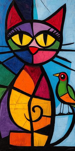 Bunte Katze und ein Vogel