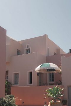 Roze en terracotta abstract gebouw met planten | Reisfotografie print