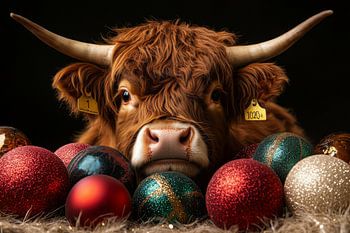 Vache festive des Highlands - Noël en couleurs - Highlander écossais - Noël