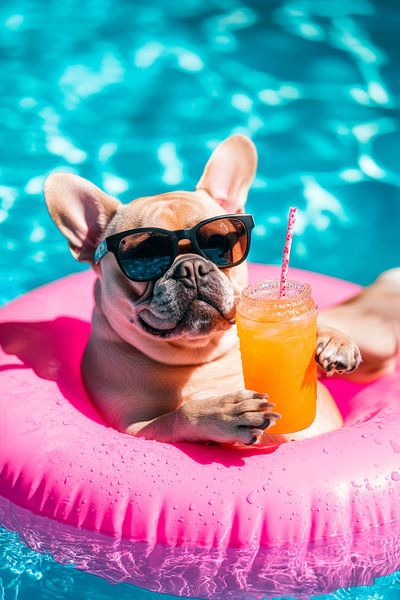 Chien dans la piscine avec boisson rafraîchissante par Poster Art Shop