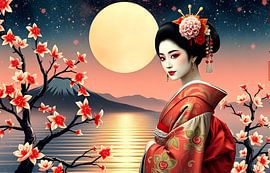 Japanische Geisha mit aufgehender Sonne