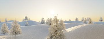 Wellenförmige Schneelandschaft mit weißen Tannen im Abendlicht von Besa Art
