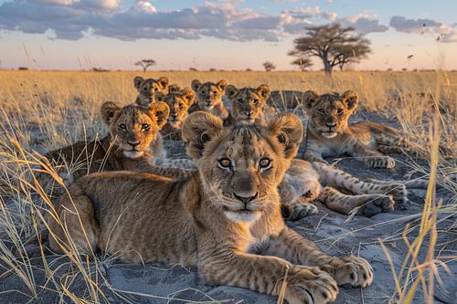 Lionceaux se blottissant dans l'herbe