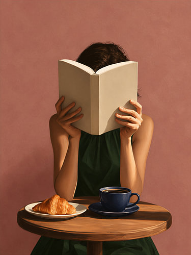 Morning reading at coffee and croissant