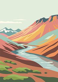 Minimalist flat illustration of a winding river flowing through colorful mountain valleys.