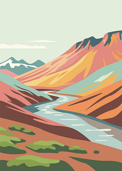 Minimalistische platte illustratie van een kronkelende rivier die door kleurrijke bergvalleien stroomt.