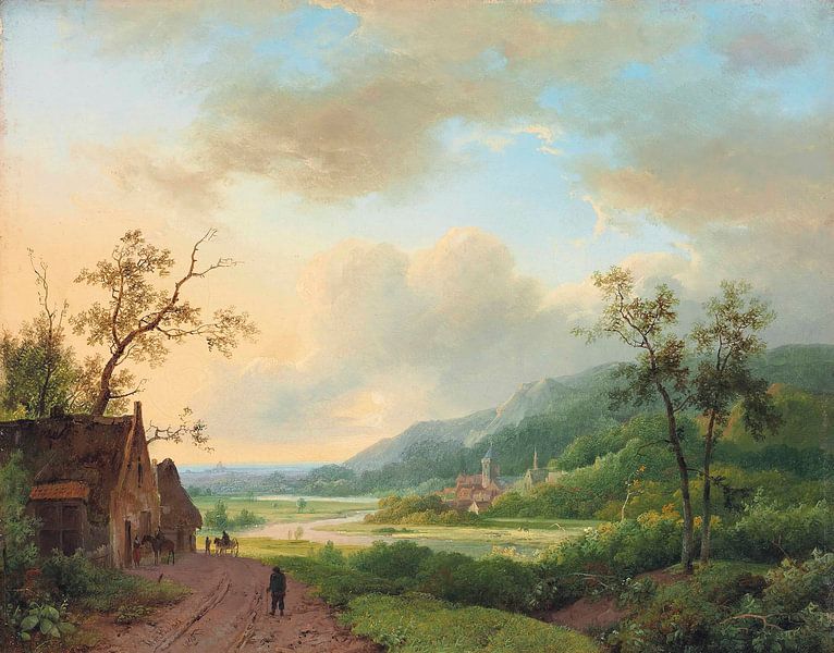 Travellers on a riverside track at dusk, Marinus Adrianus Koekkoek by Masterful Masters