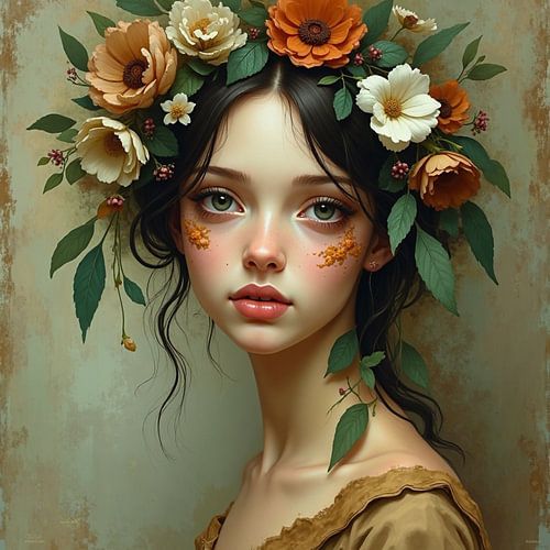 Natuurlijke Bloesem – Jonge Vrouw in Aardse Tinten met Bloemen