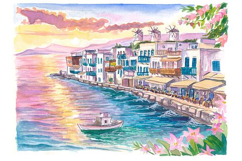 Klein Venetië Mykonos Griekenland Windmolens Restaurants bij gouden zonsondergang van Markus Bleichner