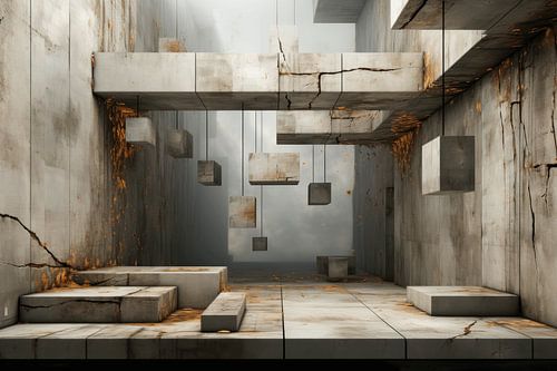 Abstracte ruimte met geometrische objecten van beton