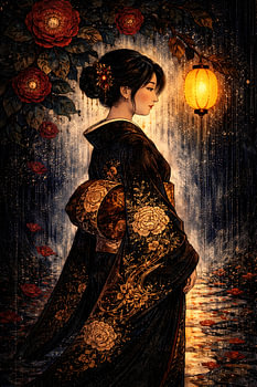 Japanische Kimono-Frau, Laterne, Nacht, Regen, Kunst