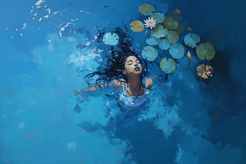 Woman floating in blue water