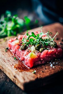 Fresh tartare on a rustic board by Poster Art Shop