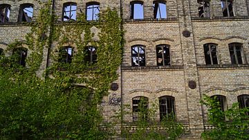 Ruïne van het pakhuis van het molencomplex Böllberg in Halle in Duitsland