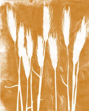 Grassprieten in wit op okergeel. Botanische monoprint van Dina Dankers