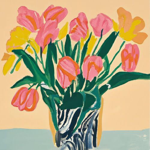 Gemälde einer Vase mit Tulpen in Pastellfarben