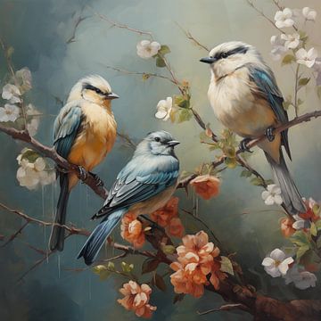 Vogels op een tak lichte kleuren van The Exclusive Painting