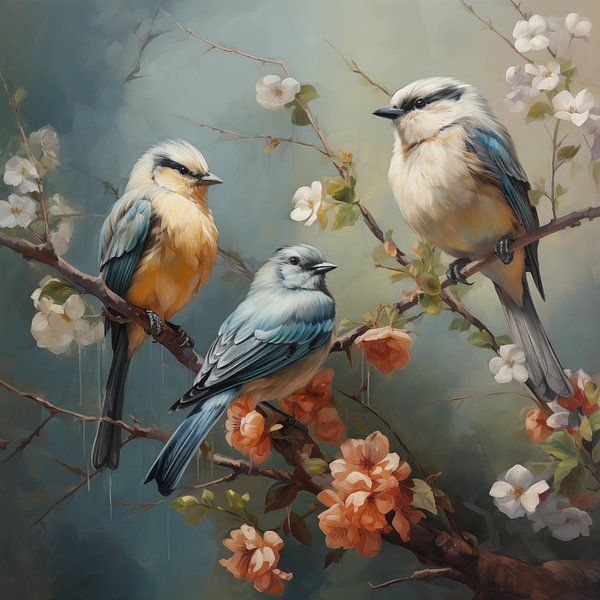 Vogels op een tak lichte kleuren van TheXclusive Art