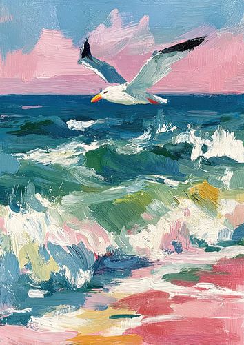 Seagulls flying over colourful surf