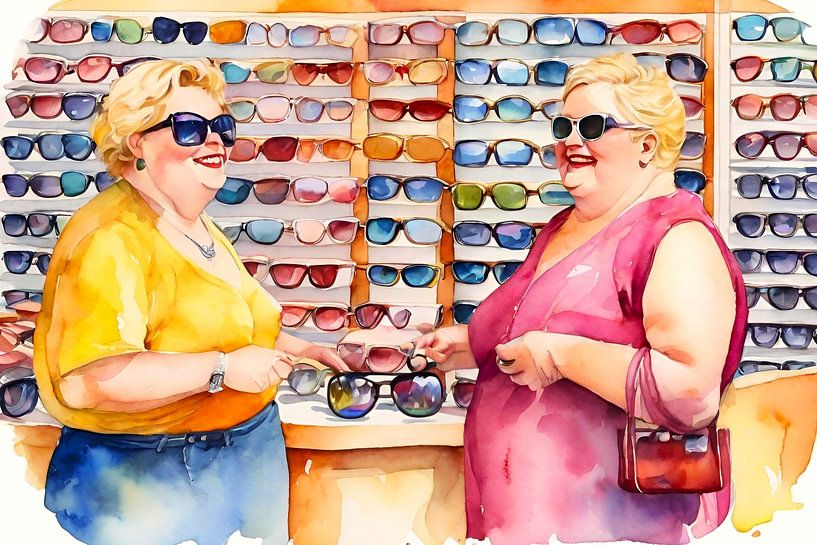 2 femmes sociables achètent des lunettes de soleil par De gezellige Dames