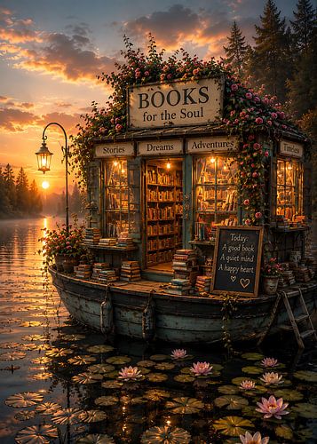Boekenschip bij zonsondergang