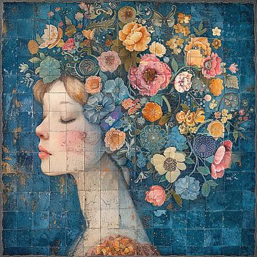 Vrouw Bloemenportret | Dreamer's Floral Tapestry van Kunst Kriebels