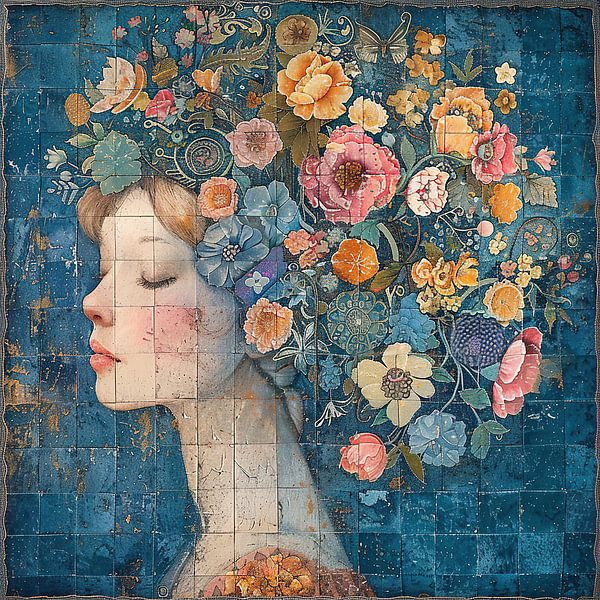 Frau Floral Portrait | Dreamer&#039;s Floral Wandteppich von Kunst Laune