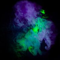 Man with hat. Green with purple smoke, abstract.