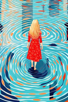 Träumen am Pool | Rotes Kleid und hellblaue Kreise von Frank Daske | Foto & Design