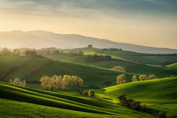 Toscaans glooiend heuvellandschap bij zonsondergang, Orciano Pisano voorjaarslandschap van Stefano Orazzini