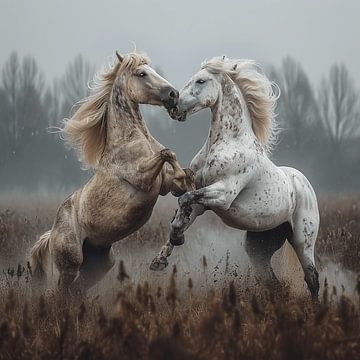 Schimmelse Speelsheid - Twee steigerende paarden van Karina Brouwer