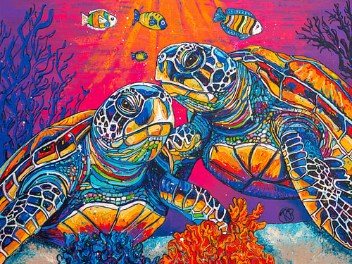 Sea turtles at an underwater sunset by Happy Paintings / Renata Rolefes Art