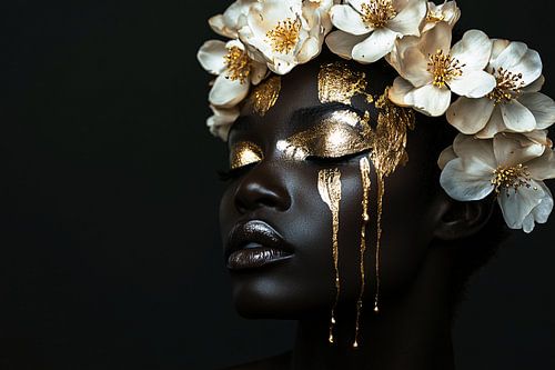 Vrouw met gouden verf en bloemen