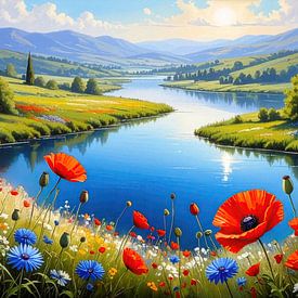 Sommerlandschaft mit See, Blumen & Bergen von AidasignArt