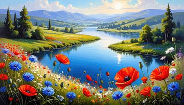 Zomerlandschap met meer, bloemen & -Bergen van AidasignArt