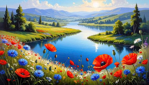 Zomerlandschap met meer, bloemen & -Bergen