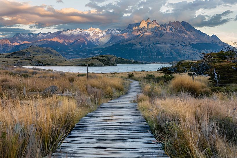 Schöne patagonische Landschaft mit Holzpfad von Art & Soul Creations