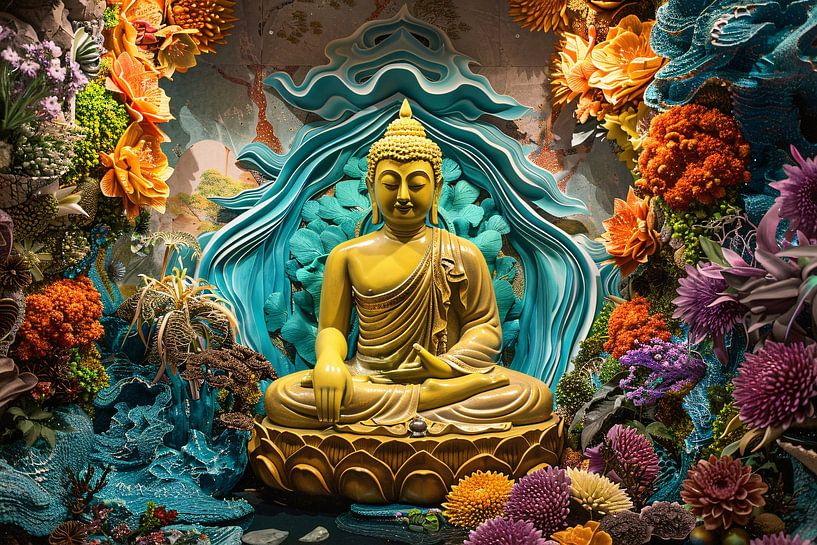 Gelassener Buddha, umgeben von lebhaften Blumen von Art & Soul Creations