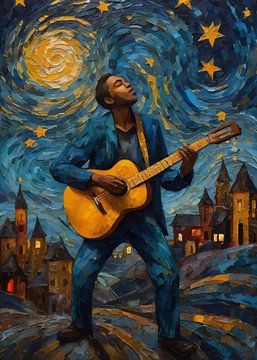 Man speelt akoestische gitaar in abstracte sterrennacht van MIROKKU