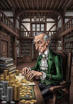 Mens die munten stapelt in bibliotheekillustratie van Markus Gann