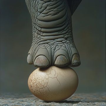 Unbreakable | Kracht en kwetsbaarheid. Olifantenpoot die subtiel balanceert op een fragiel ei. van Sander van der Torren