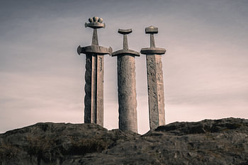 Viking History – Horizontal panorama of the three Sverd i fjell swords in Stavanger, seen from the front