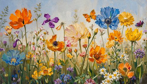 Panorama coloré de fleurs sauvages avec un papillon et un ciel bleu